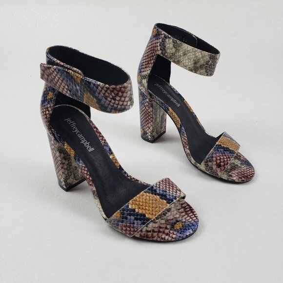 Jeffrey Campbell Lindsay Snakeskin Block Heels Multicolor Womens 5.5 Open Toe - Picture 1 of 12